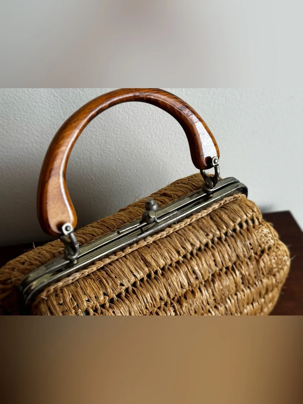 Vintage Woven Straw Top-Handle Bag in Natural Tan